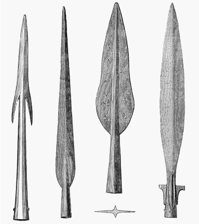 Bodná kopí; zleva: krókaspjót, fjaðraspjót, blaðspjót, sviða
